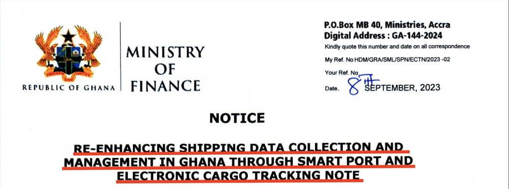 Ghana Ministry of Finance notice of 8 September 2023 on shipping data collection through the Smart Port and the electronic cargo tracking note