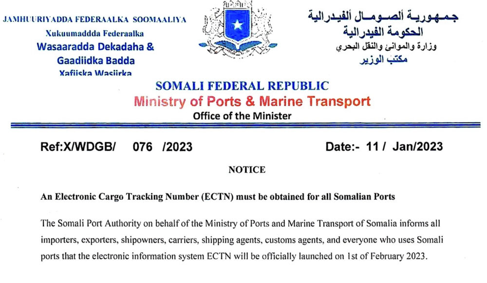 Somali Ministry of Ports and Marine Transport notice of 11 January 2023 announcing the ECTN for all Somali ports