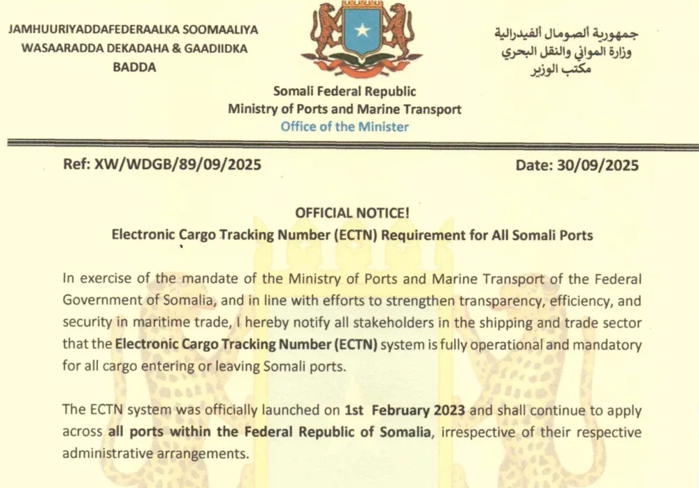 Avviso ufficiale del Ministero dei Porti e dei Trasporti marittimi della Somalia del 30 settembre 2025: ECTN obbligatorio in tutti i porti somali