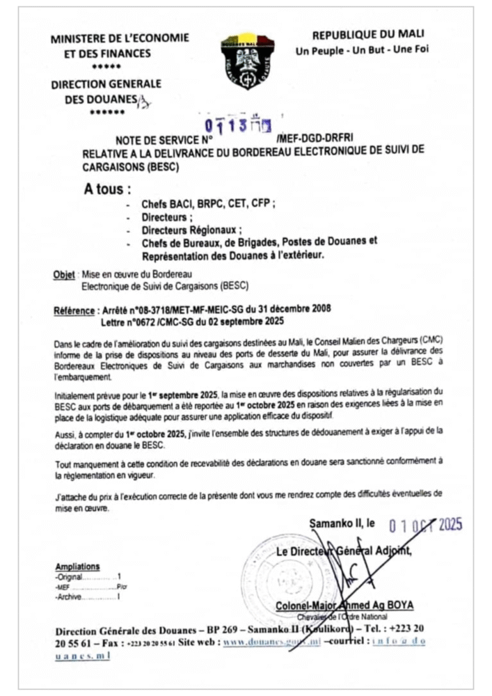 Note de service des douanes du Mali du 1er octobre 2025 relative à la délivrance du BESC (Bordereau Électronique de Suivi des Cargaisons)