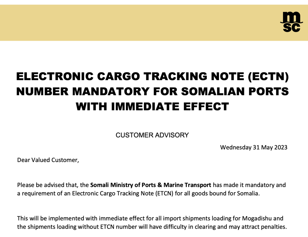 MSC customer advisory of 31 May 2023: ECTN number mandatory for Somali ports