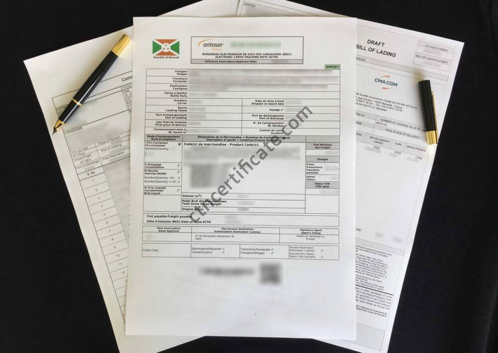 A commercial invoice, a bill of lading and the ECTN certificate for Burundi with a pen on a black background.