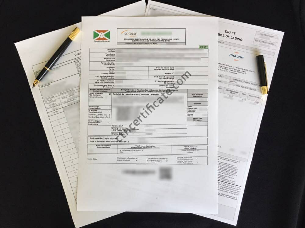 A commercial invoice, a bill of lading and the ECTN certificate for Burundi with a pen on a black background.