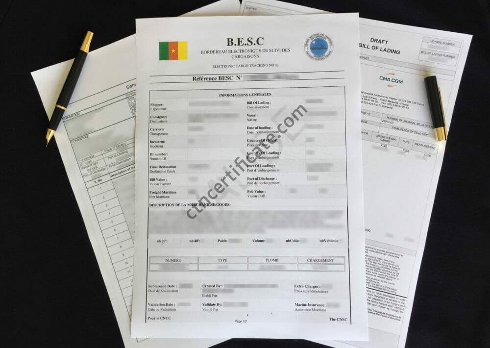 A commercial invoice, a bill of lading and the BESC certificate for Cameroon with a pen on a black background.