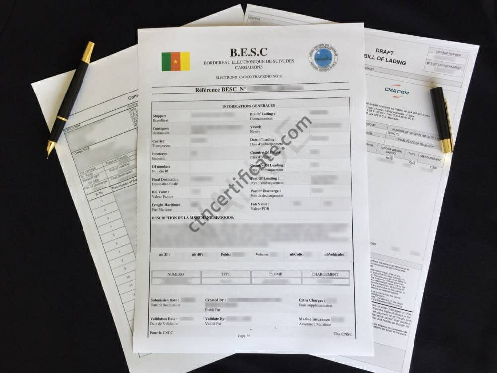 A commercial invoice, a bill of lading and the BESC certificate for Cameroon with a pen on a black background.