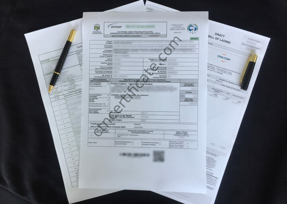 A commercial invoice, a bill of lading and the ECTN certificate for Central African Republic with a pen on a black background.