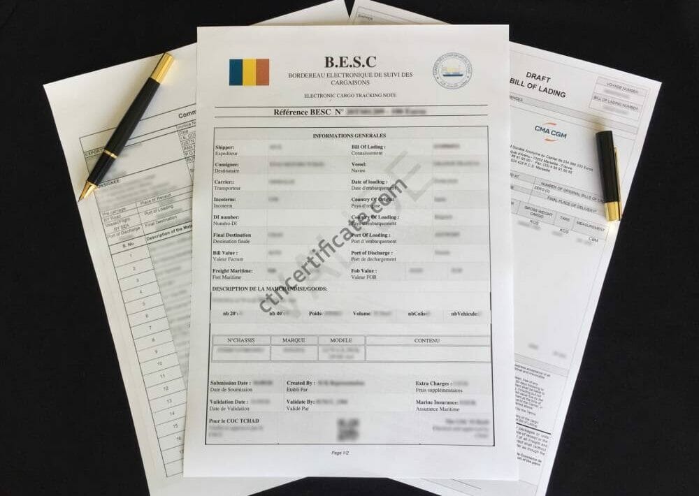 A commercial invoice, a bill of lading and the ECTN certificate for Republic of Chad with a pen on a black background.