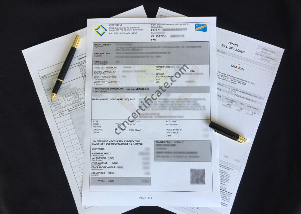 A commercial invoice, a bill of lading and the FERI certificate for D.R. Congo with a pen on a black background.