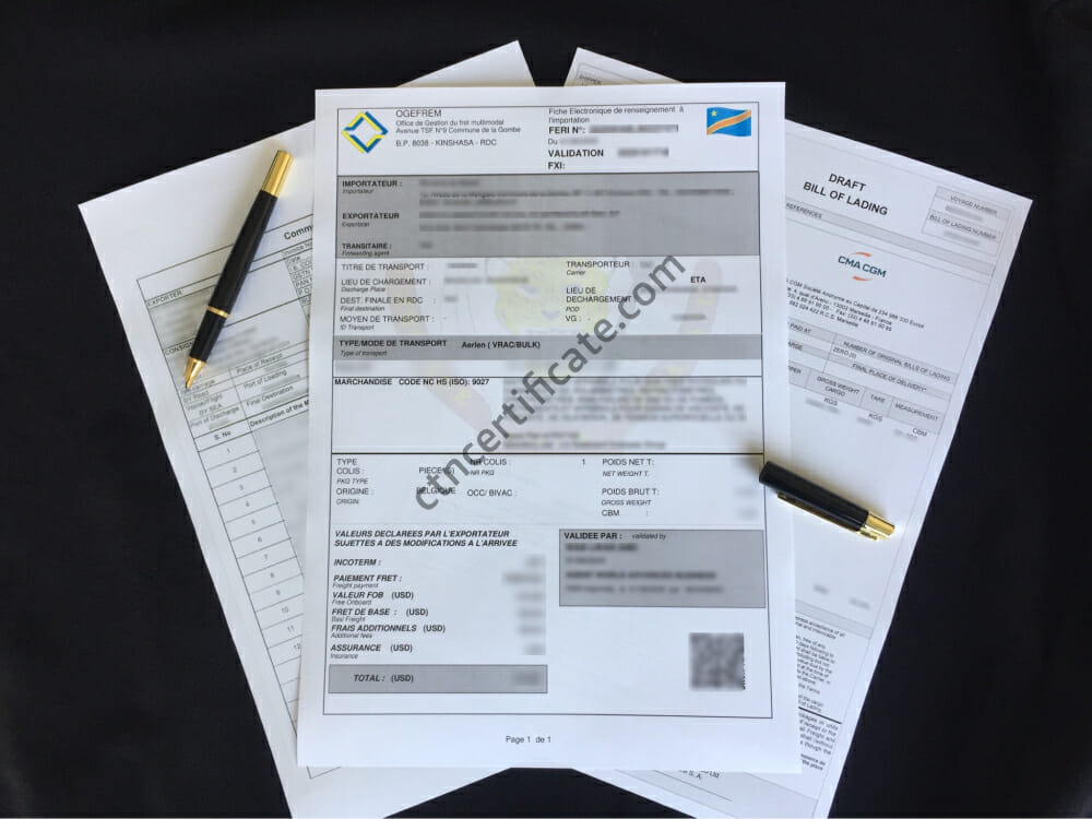 A commercial invoice, a bill of lading and the FERI certificate for D.R. Congo with a pen on a black background.