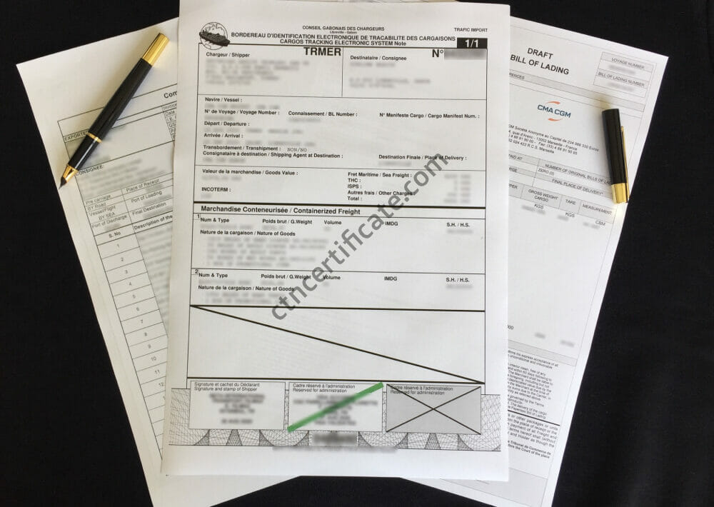 A commercial invoice, a bill of lading and the BIETC certificate for Gabon with a pen on a black background.