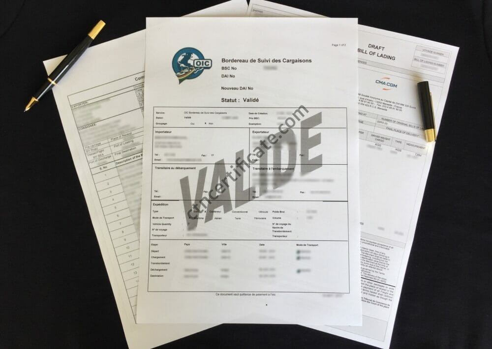 A commercial invoice, a bill of lading and the BSC certificate for Ivory Coast with a pen on a black background.