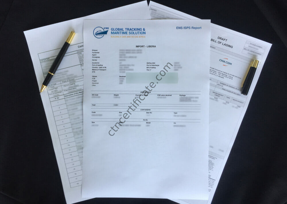 A commercial invoice, a bill of lading and the CTN certificate for Liberia with a pen on a black background.