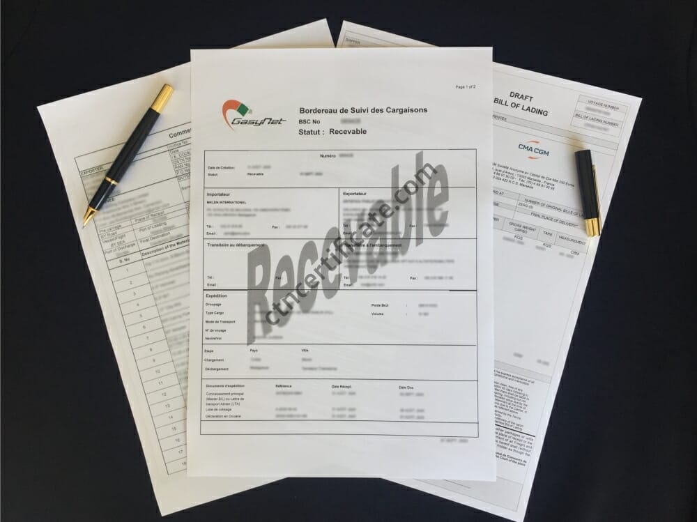 A commercial invoice, a bill of lading and the BSC certificate for Madagascar with a pen on a black background.