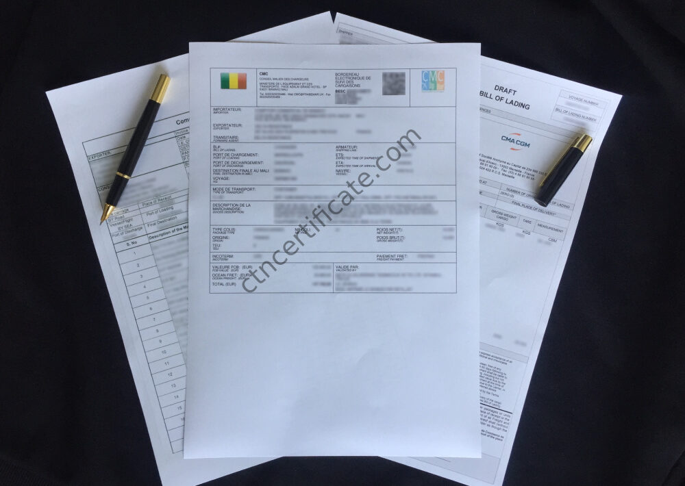 A commercial invoice, a bill of lading and the BSC certificate for Mali with a pen on a black background.