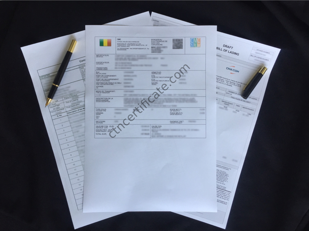 A commercial invoice, a bill of lading and the BSC certificate for Mali with a pen on a black background.