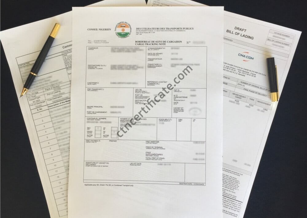 A commercial invoice, a bill of lading and the BSC certificate for Niger with a pen on a black background.