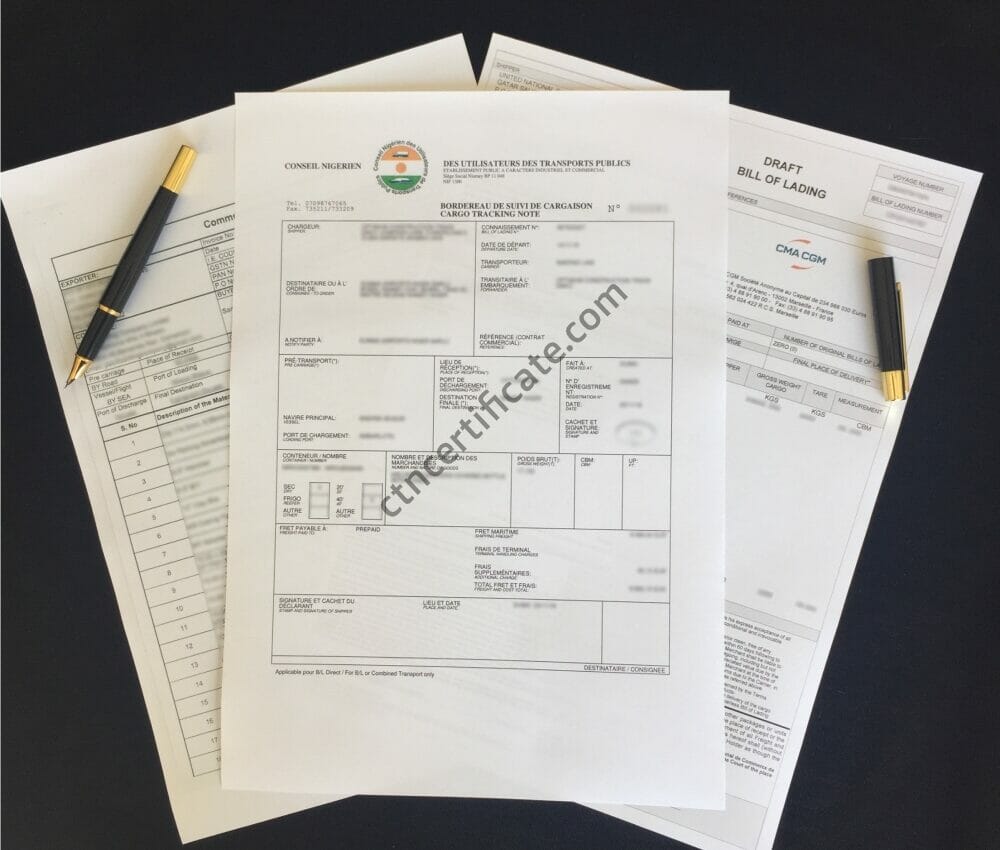 A commercial invoice, a bill of lading and the BSC certificate for Niger with a pen on a black background.