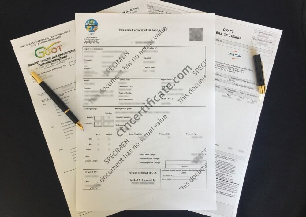 A commercial invoice, a bill of lading and the ECTN certificate for Republic of the Congo with a pen on a black background.