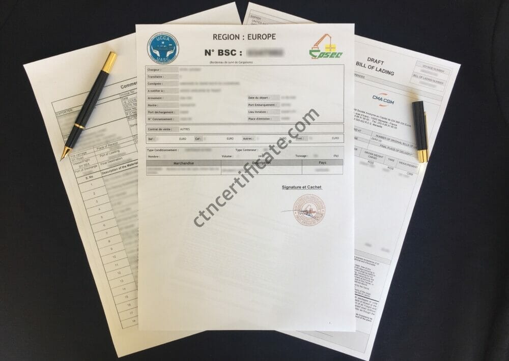 A commercial invoice, a bill of lading and the BSC certificate for Senegal with a pen on a black background.