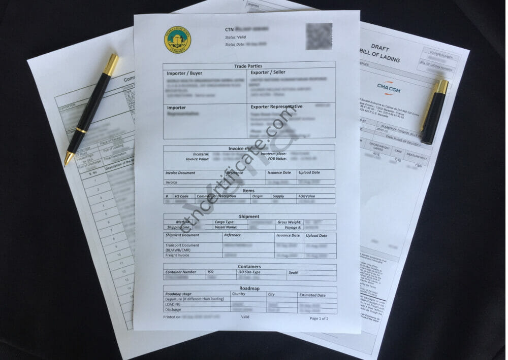 A commercial invoice, a bill of lading and the BSC certificate for Sierra Leone with a pen on a black background.