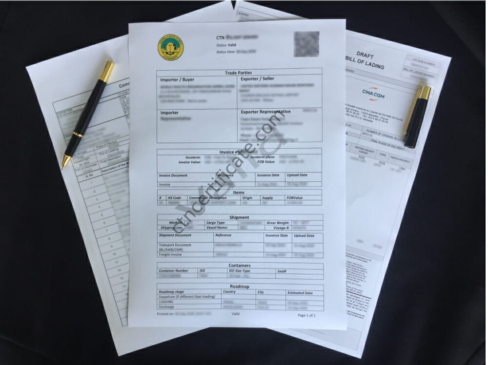 A commercial invoice, a bill of lading and the BSC certificate for Sierra Leone with a pen on a black background.