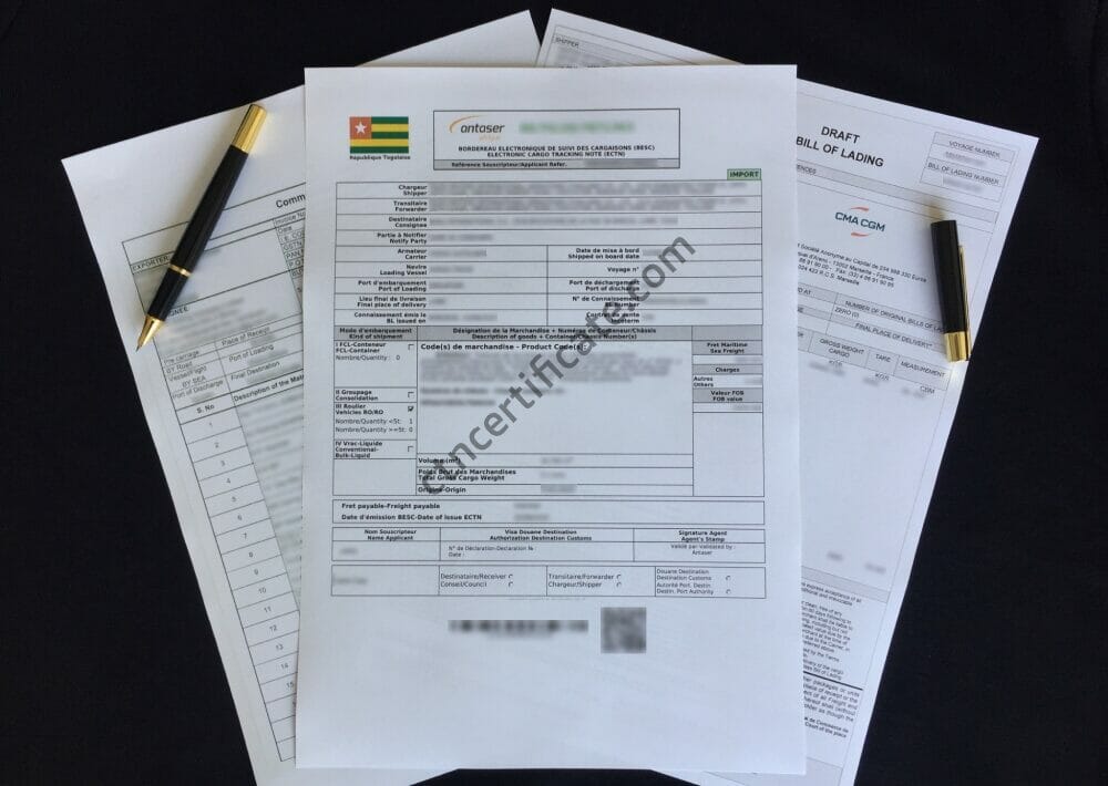 A commercial invoice, a bill of lading and the ECTN certificate for Togo with a pen on a black background.